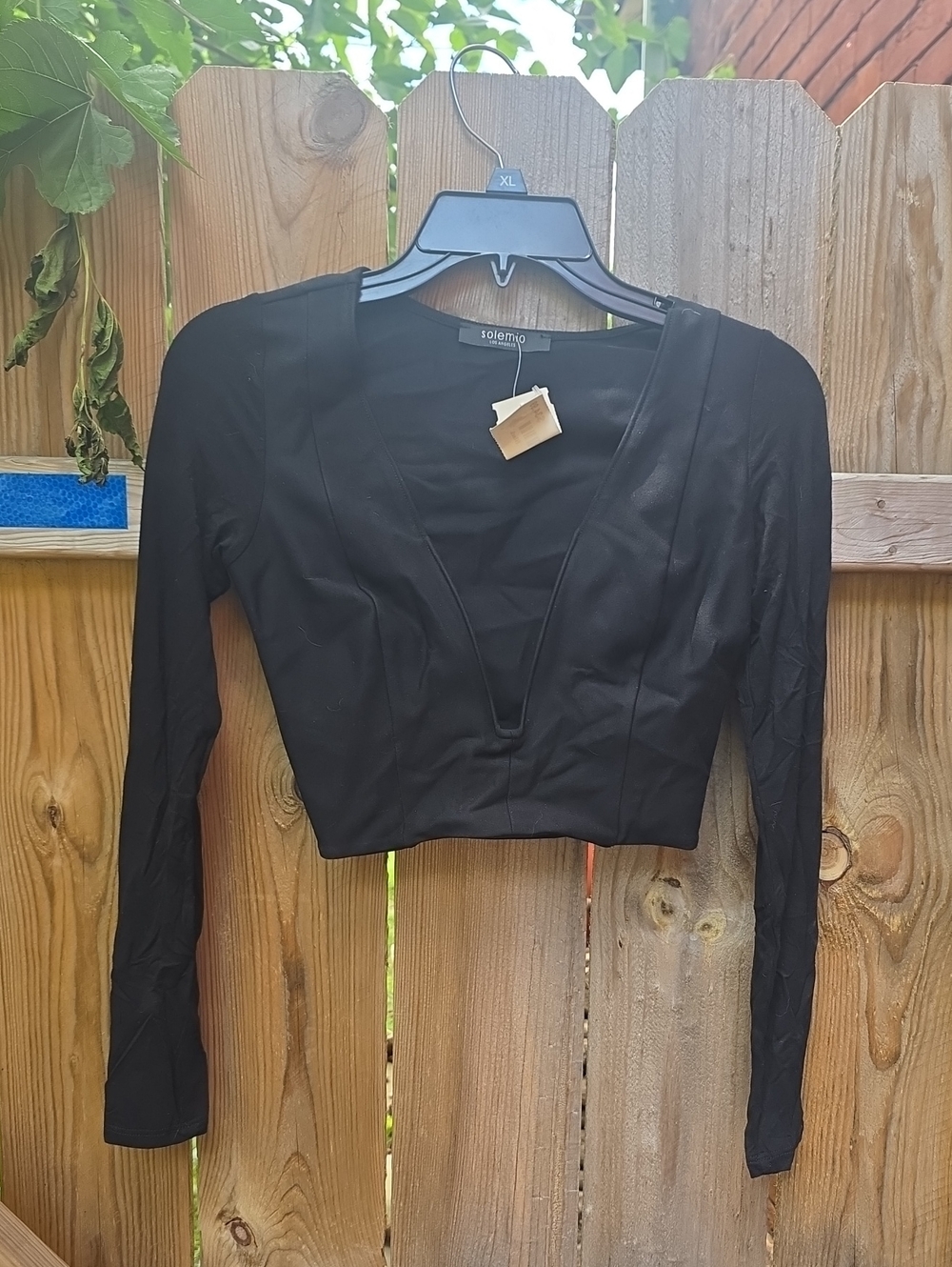 Solemio Black Long-Sleeve Plunge Crop Top
